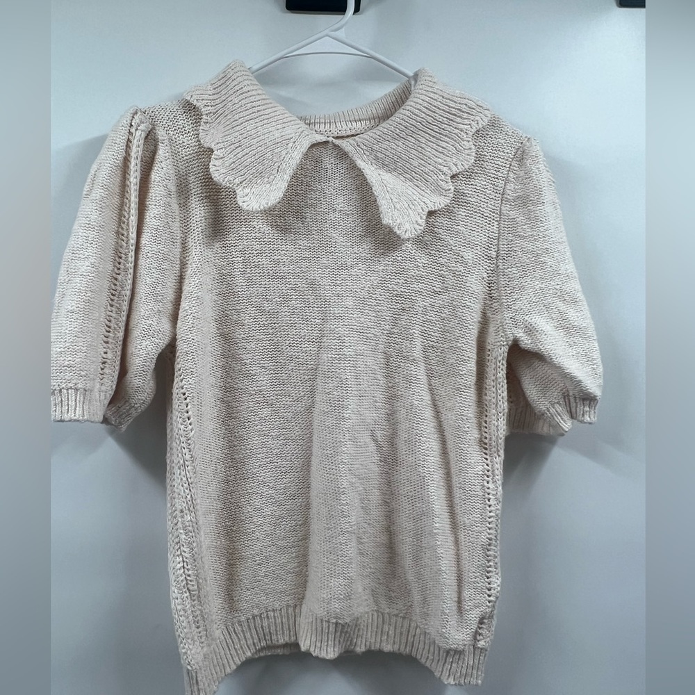 Universal Thread Scalloped Pullover Sweater Collar Short Sleeve Off White Size S